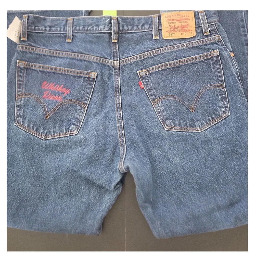 Levis 517‎ Boot Cut Jeans Mens 40x34 Custom Distressed Whiskey River Plaid Patch